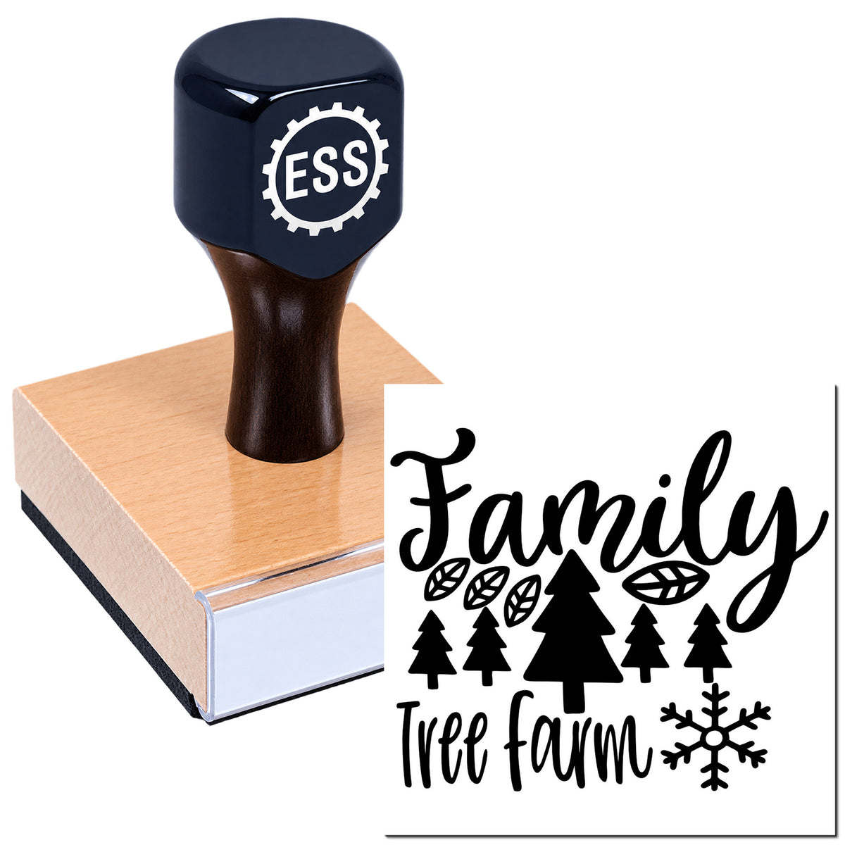 Dark blue ESS rubber stamp on wooden mount with Family Tree Farm design, black trees, leaves and snowflake seal.