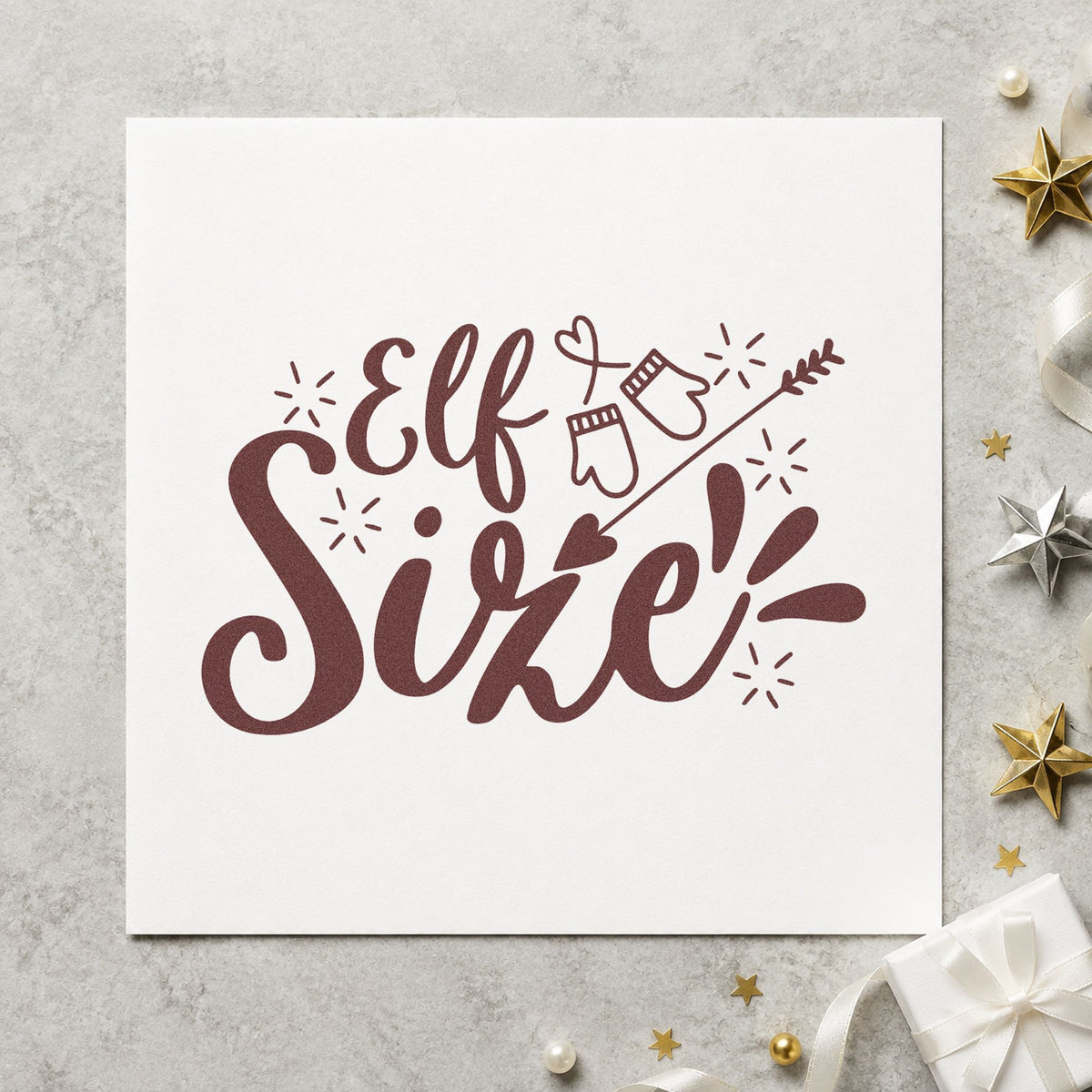Elf Size Mittens Arrow rubber stamp printed in brown ink, ready for sizing guide sheet and similar paper crafts.