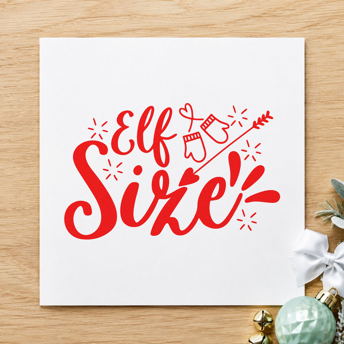 Elf Size Mittens Arrow craft stamp in red ink on cardstock, an easy option for mitten cuff printing.