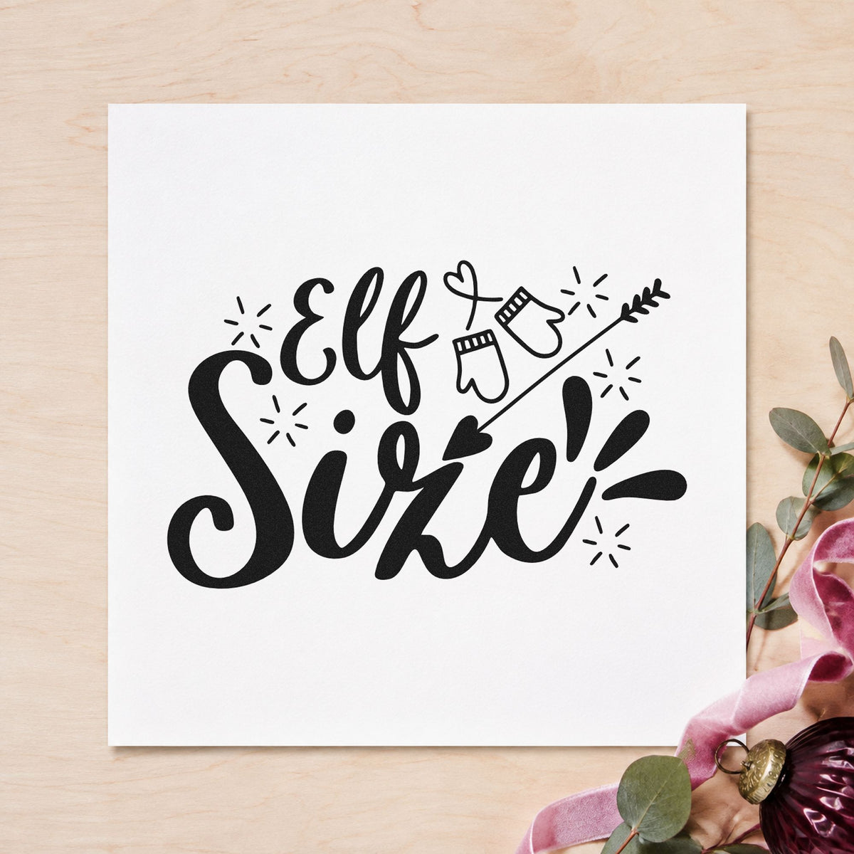 Elf Size Mittens Arrow rubber stamp printed in black ink, ready for mittens and burst cards and similar paper crafts.