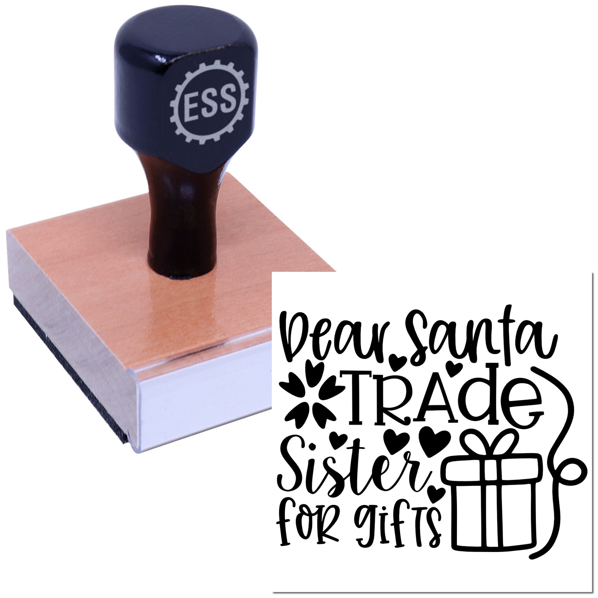 Black ESS stamp on a rose-gold seal block beside a black Dear Santa Trade Sister for gifts seal design.