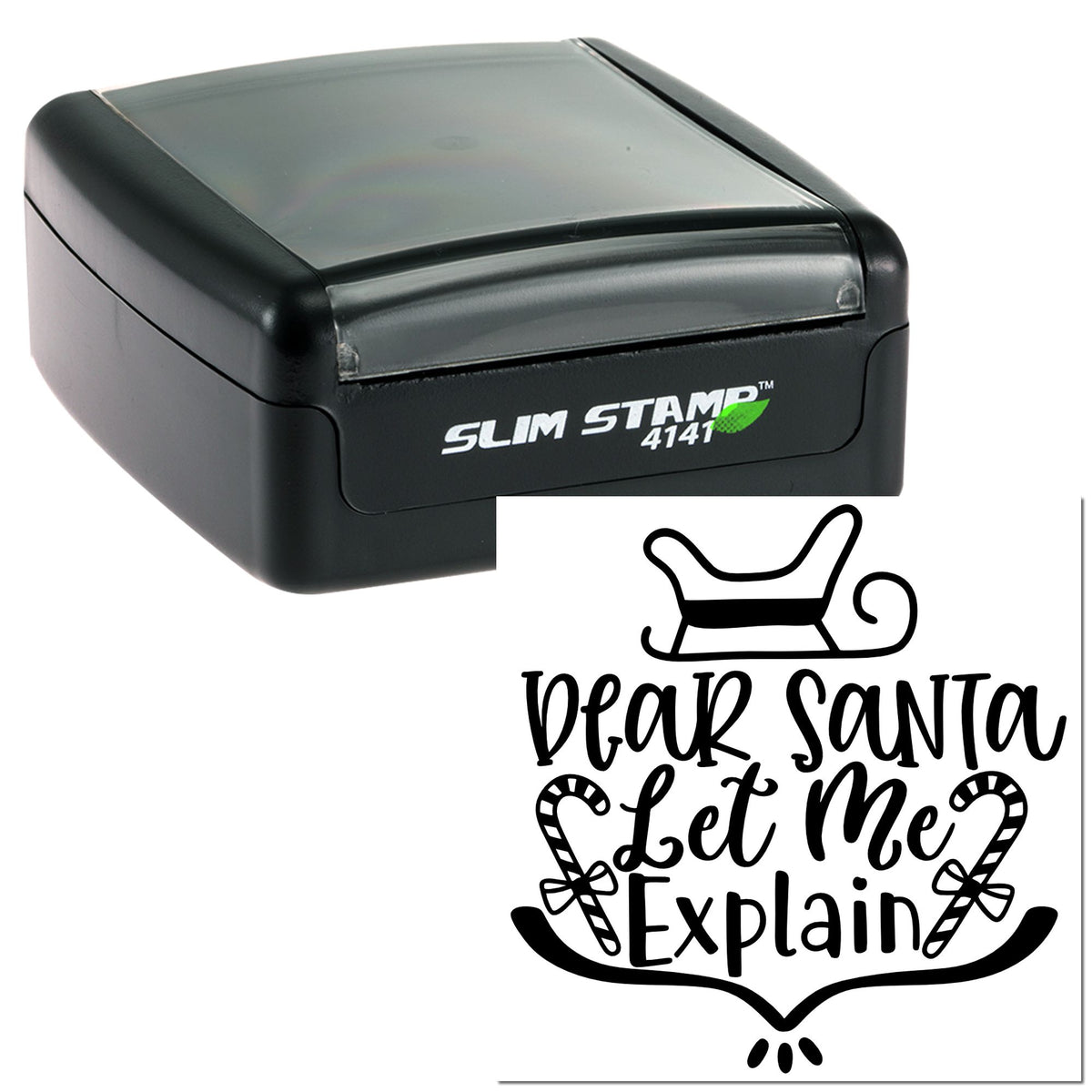 Black Slim Stamp 4141 self-inking stamp with Santa-themed seal design in black and white reading Dear Santa Let Me Explain