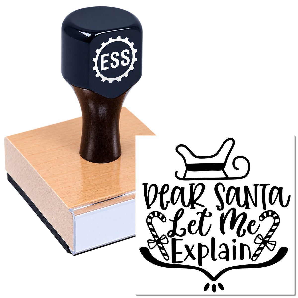 Black ESS rubber stamp on wooden block beside a decorative black "Dear Santa Let Me Explain" seal.