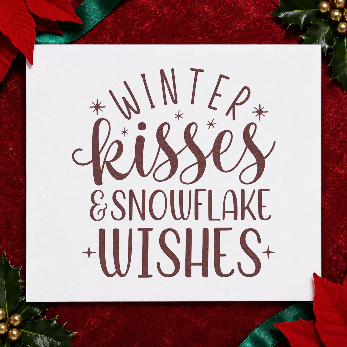 Winter Kisses Snowflake Wishes rubber stamp printed in brown ink, ready for love note sheet and similar paper crafts.