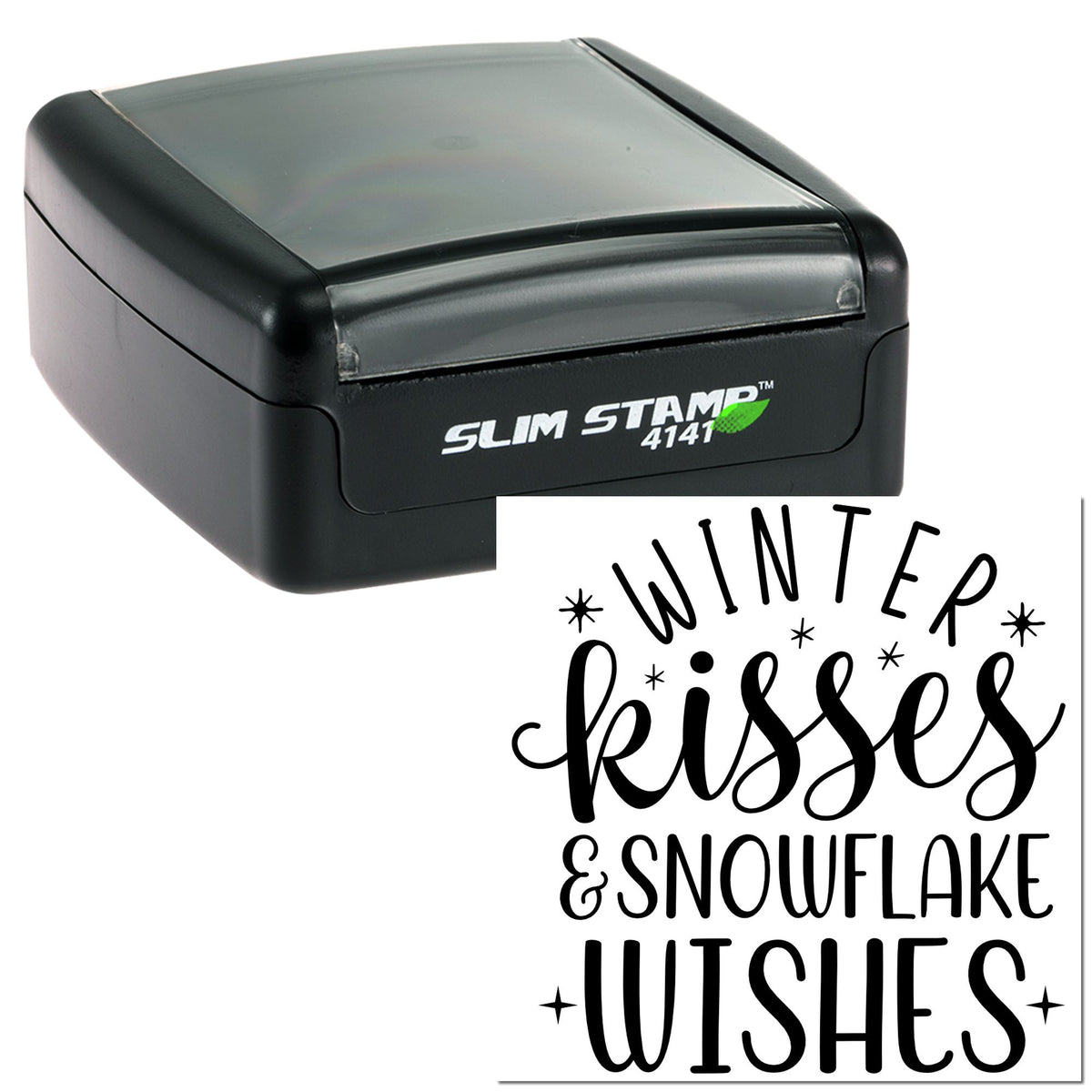 Black slim self-inking stamp and seal with winter kisses and snowflake wishes design