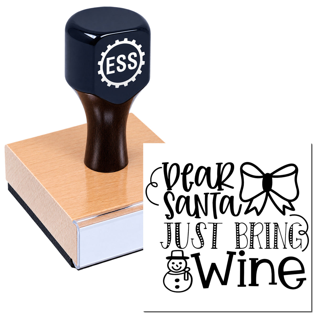Navy ESS rubber stamp and seal on a wooden block with "Dear Santa just bring wine" holiday design.