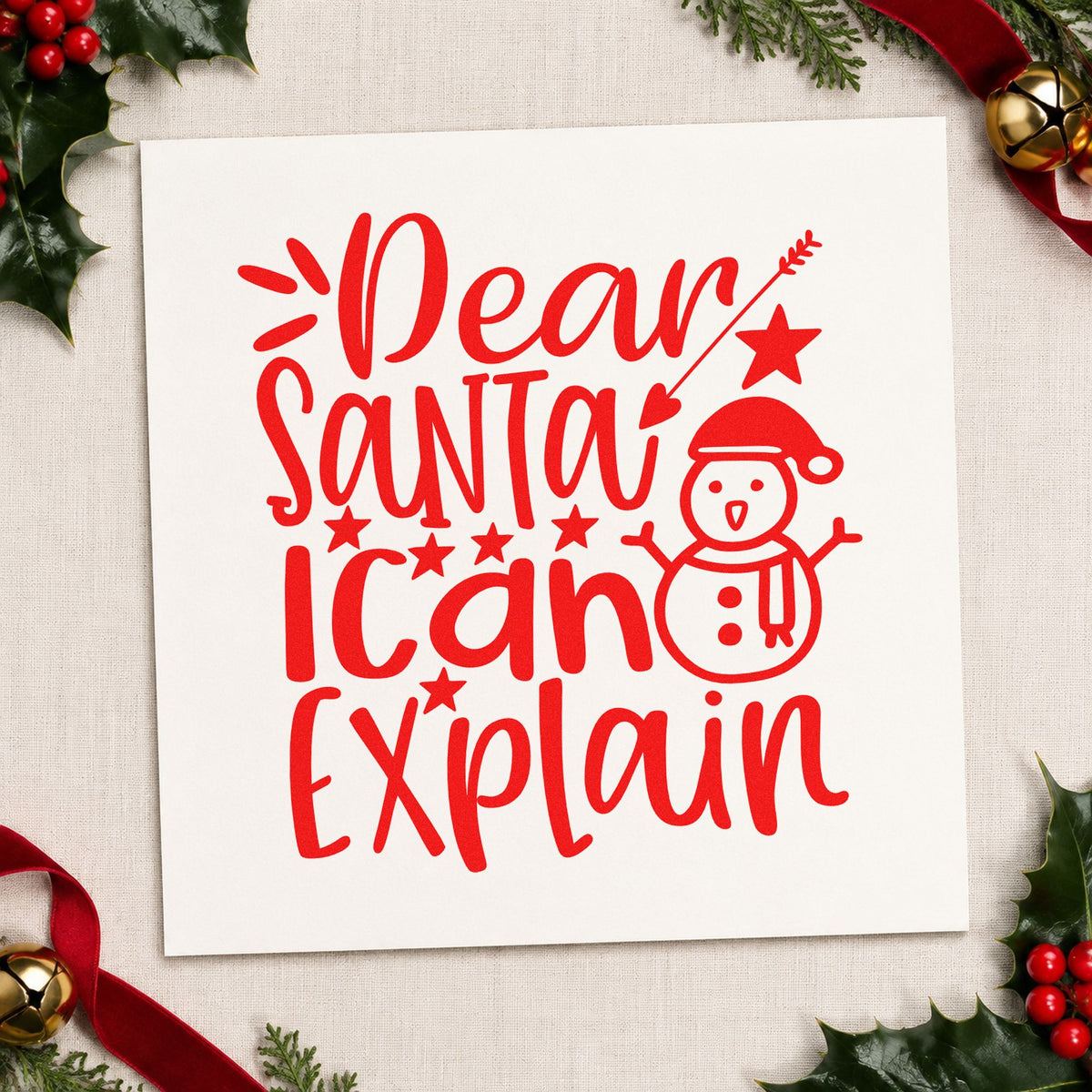 Dear Santa I Can Explain Snowman craft stamp in red ink on cardstock, an easy option for cushion heart printing.
