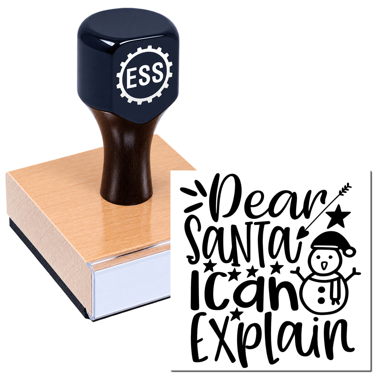 Dark blue ESS stamp and seal on a pink wooden block, with a black "Dear Santa I can explain" holiday design.