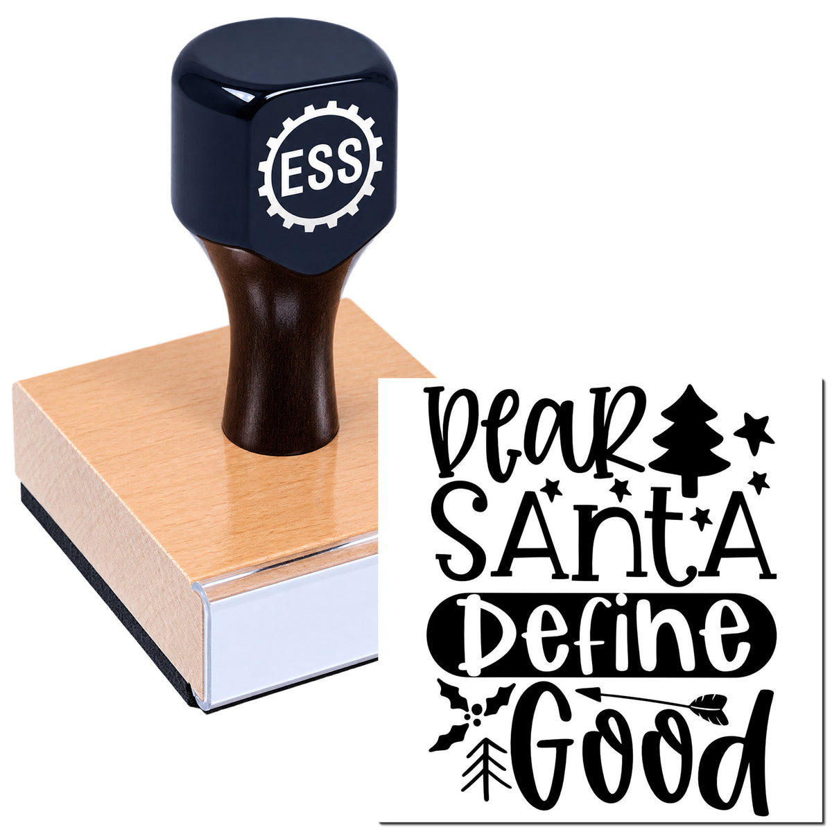 Navy ESS self-inking stamp on wood block, showing black holiday seal design with "Dear Santa Define Good" text and stars.