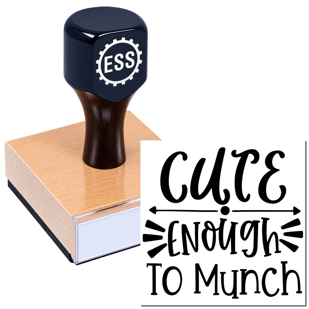 Black ESS stamp on a pink rectangular seal block with bold black "Cute Enough to Munch" lettering.