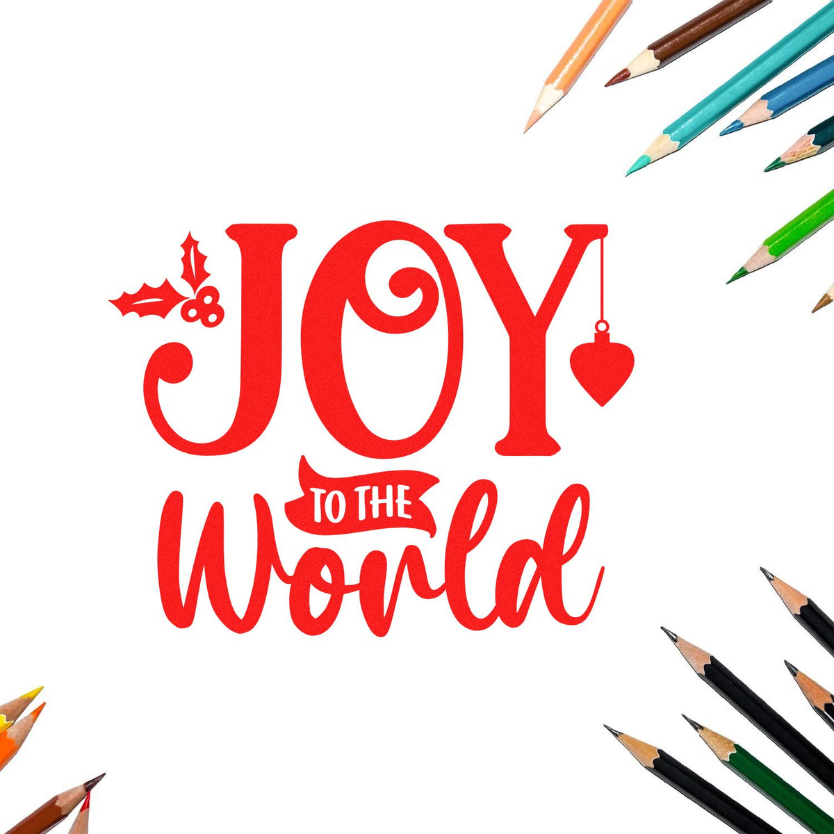 Red Joy to the World holiday stamp and seal design with colored pencil border on white background.