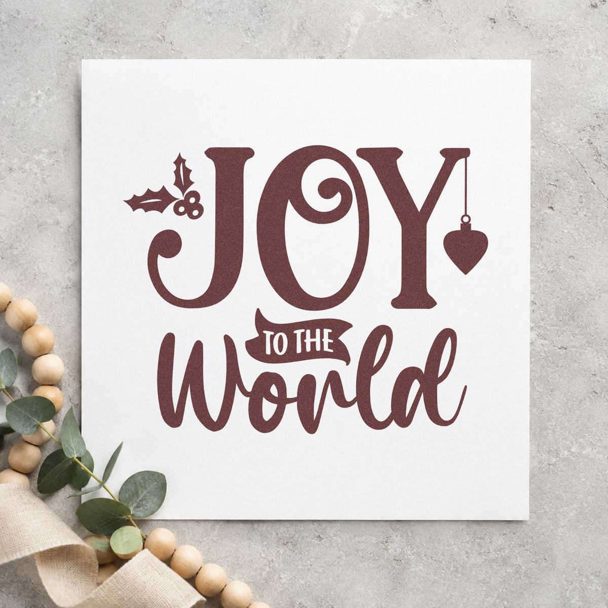 Joy To The World Holly rubber stamp printed in brown ink, ready for memory note sheet and similar paper crafts.