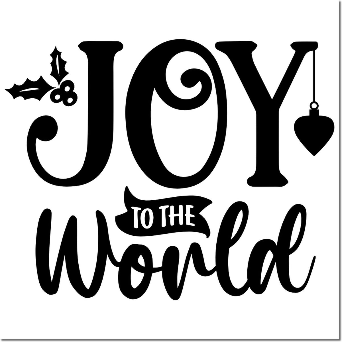 Black Christmas stamp/seal design reading JOY to the World with holly accents and a hanging heart ornament on white background.
