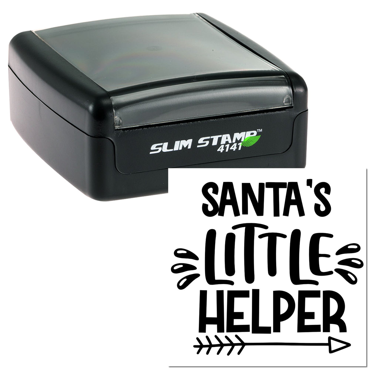 Black slim self-inking stamp with transparent cap, featuring a Santas Little Helper seal design on white.