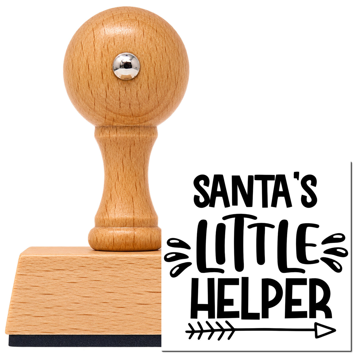 Vintage Pro beech wood stamp with a round knob handle, shown with its black Santa's Little Helper Arrow Outline Detail imprint on white.