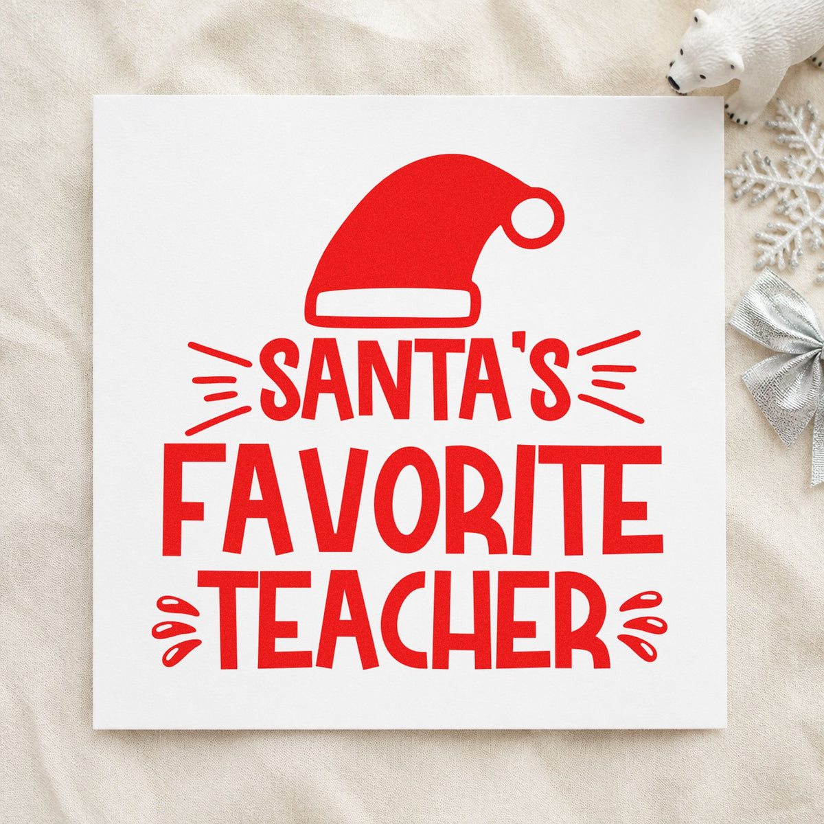 Santa's Favorite Teacher Hat rubber stamp shown in red ink, stamped for projects such as bin center labels.