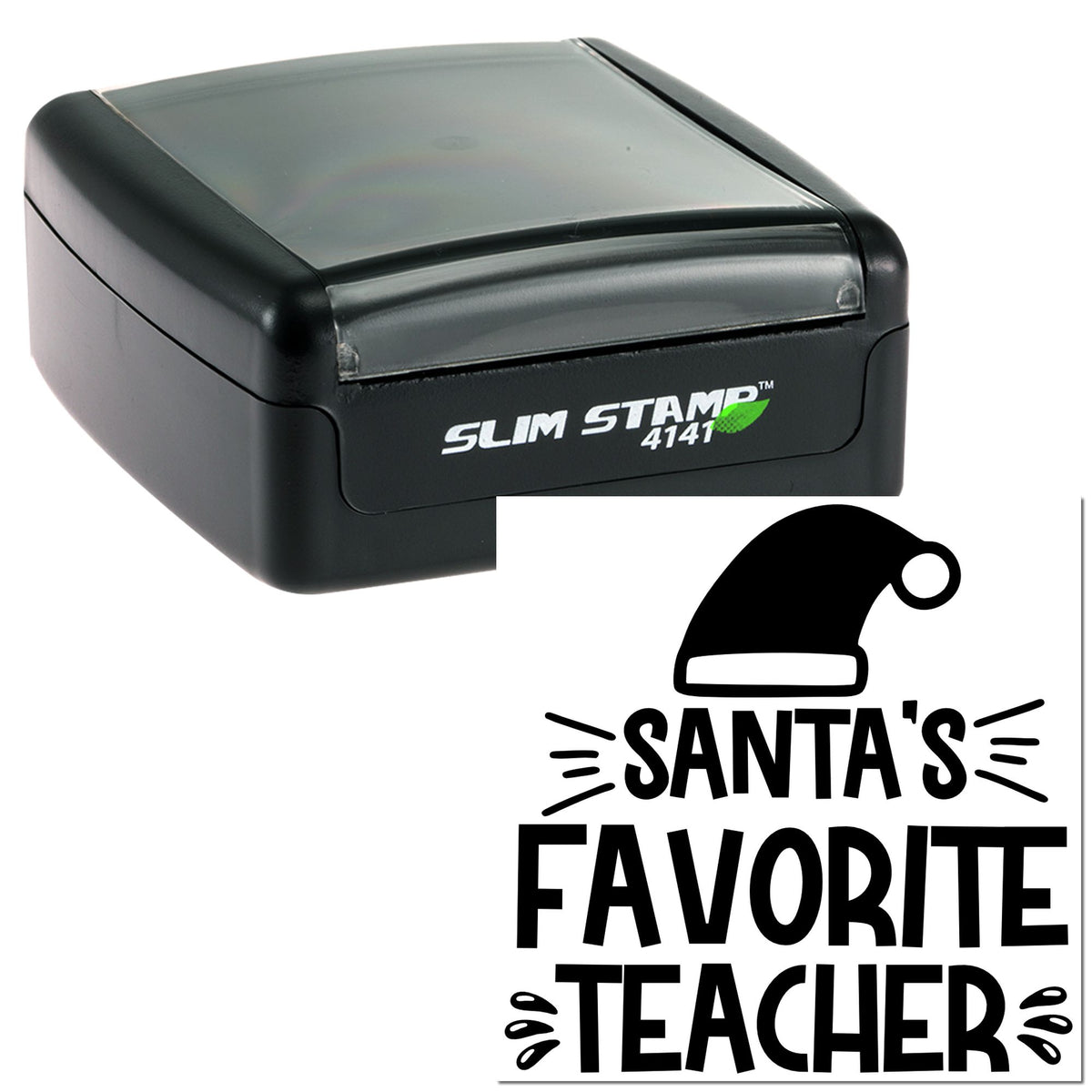 Black Slim Stamp self-inking seal with Santa's Favorite Teacher design, featuring a black Santa hat graphic on white.