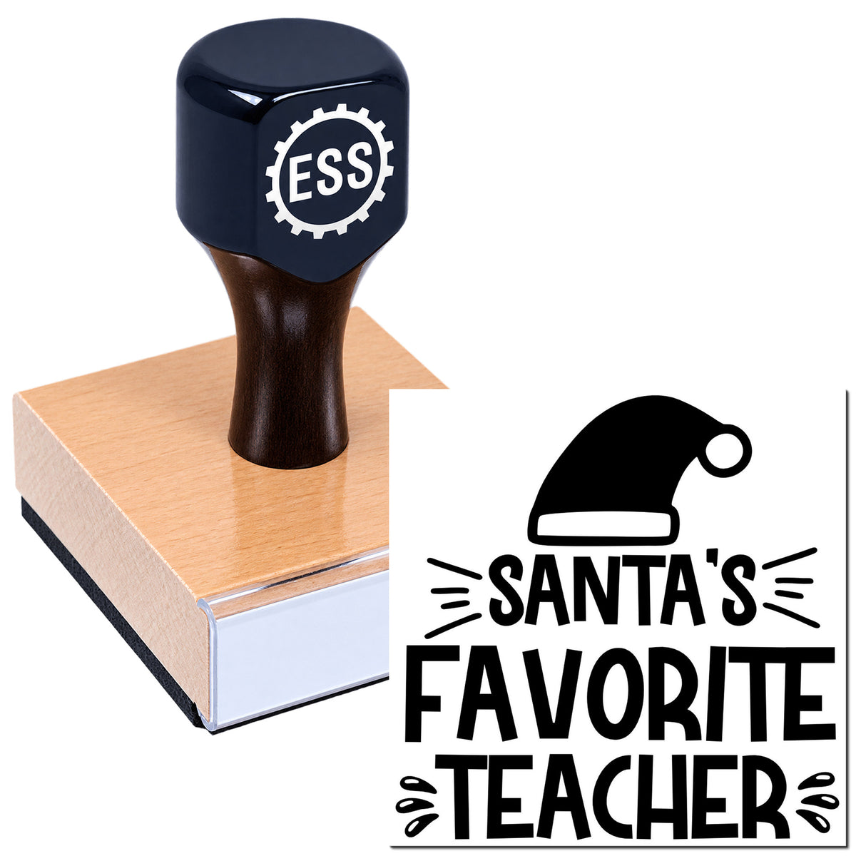 Dark navy rubber stamp and seal on wooden block with Santa's Favorite Teacher logo and Santa hat.