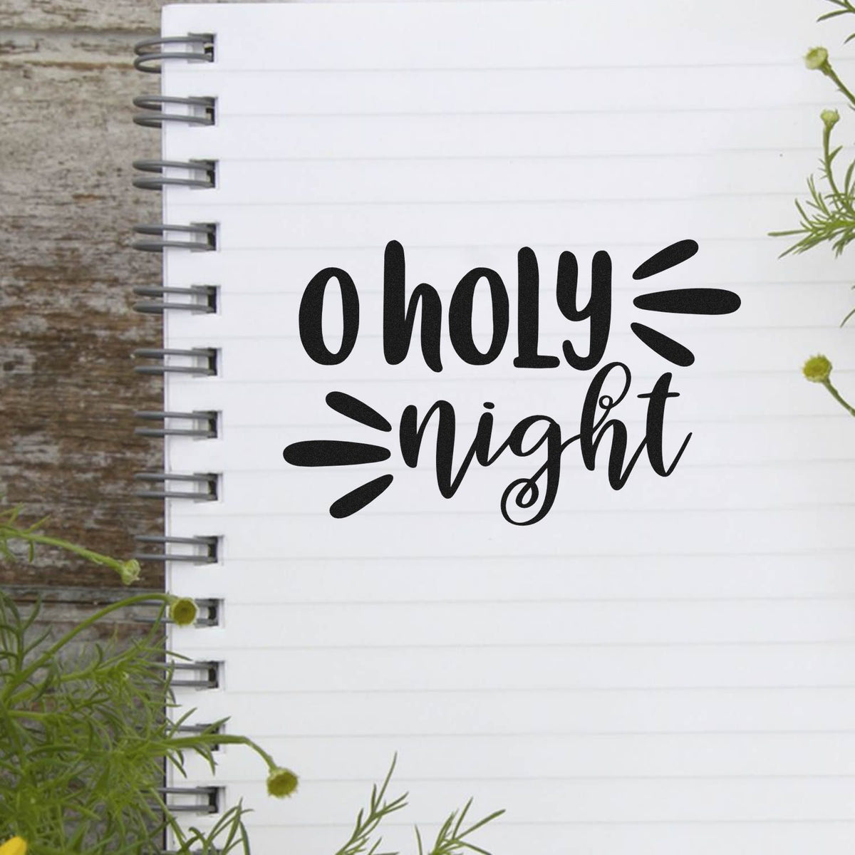Slim Pre-Inked O Holy Night Script Lettering Stamp imprint stamped in black ink. The words "O holy night" appear with bold decorative strokes at both sides.