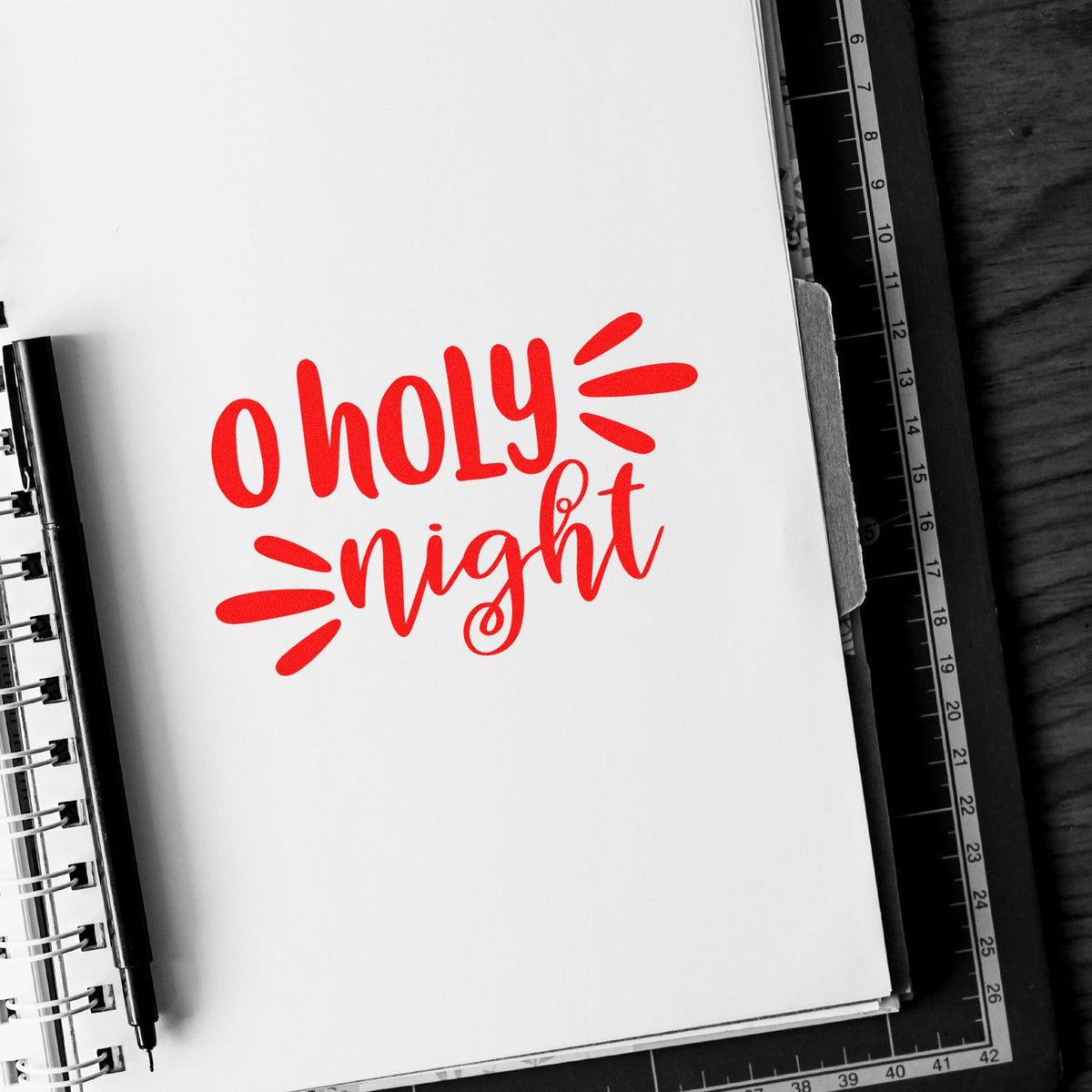 O Holy Night Script rubber stamp shown in red ink, stamped for projects such as service album page.