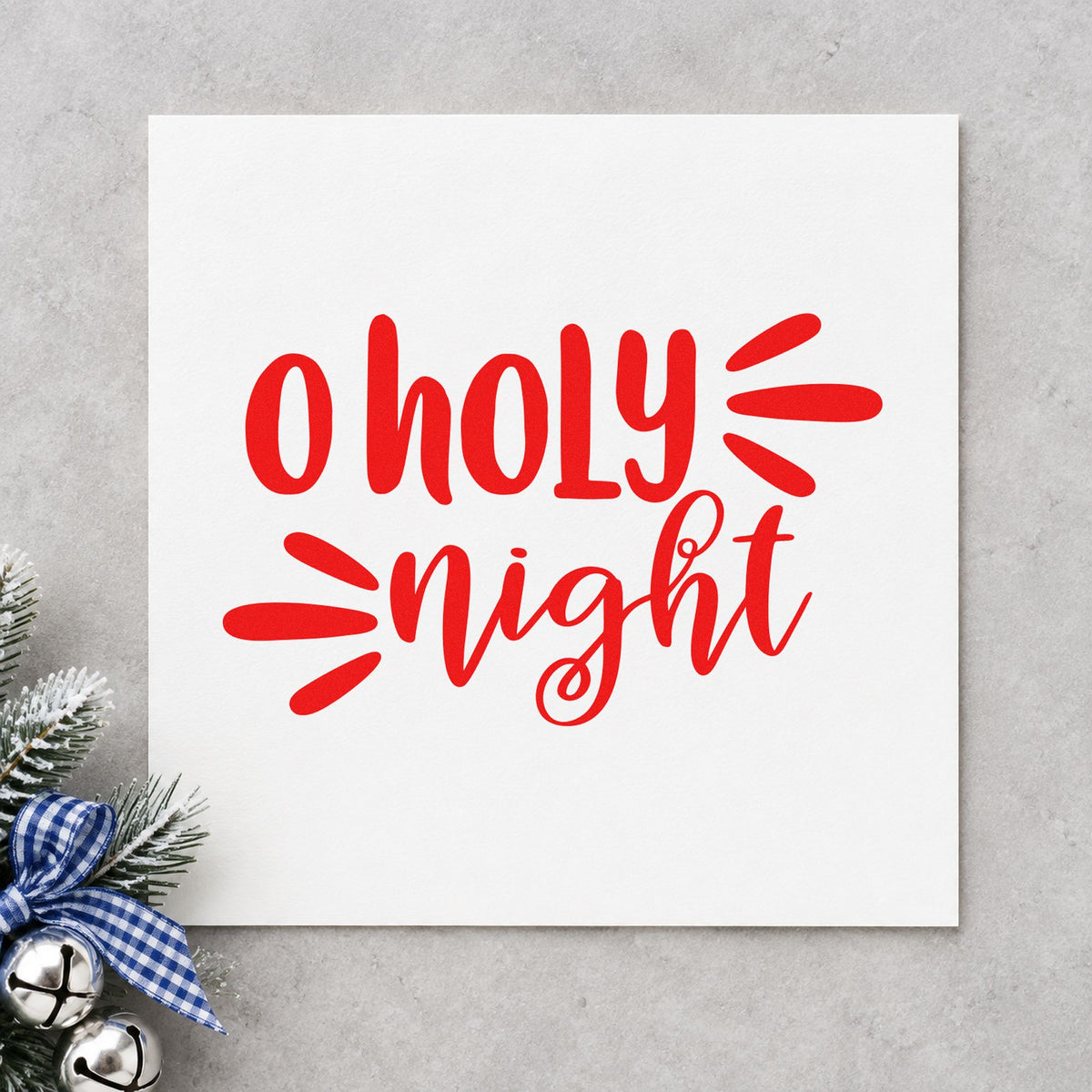 O Holy Night Script craft stamp in red ink on cardstock, an easy option for stole edge printing.