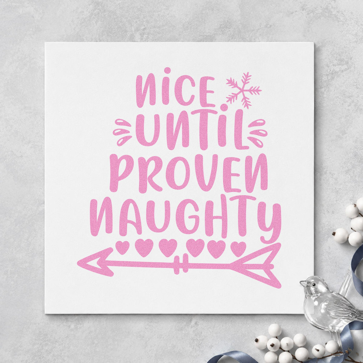 Nice Until Proven Naughty craft stamp in purple ink on cardstock, an easy option for evidence album page.