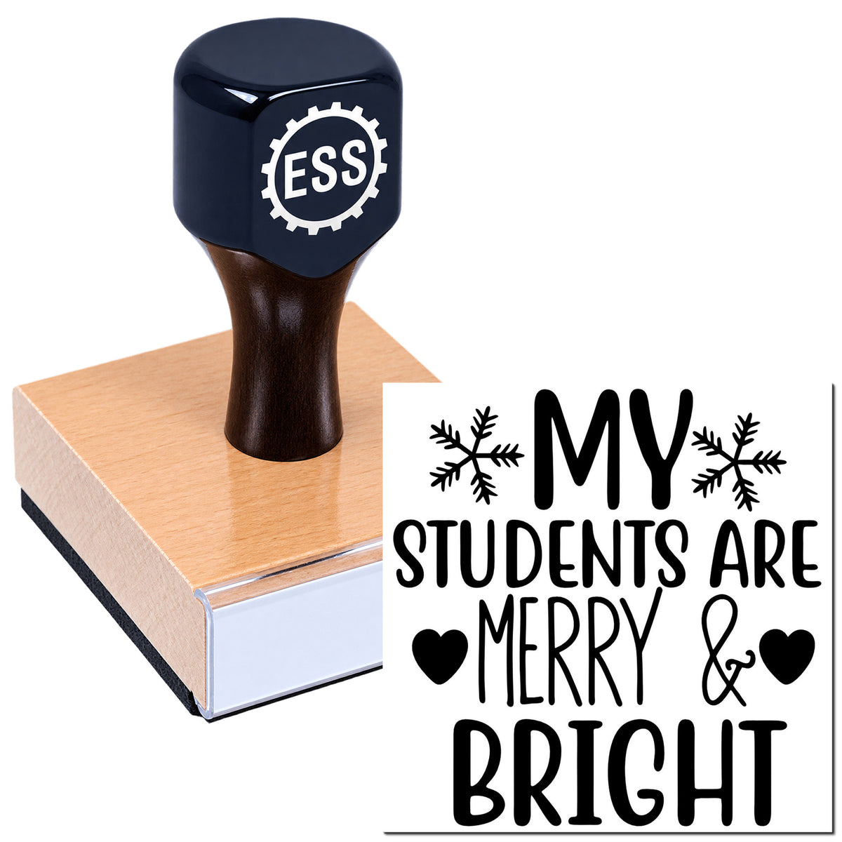 Dark blue ESS custom stamp on wooden base beside festive seal reading "My Students Are Merry & Bright" with snowflakes and hearts.