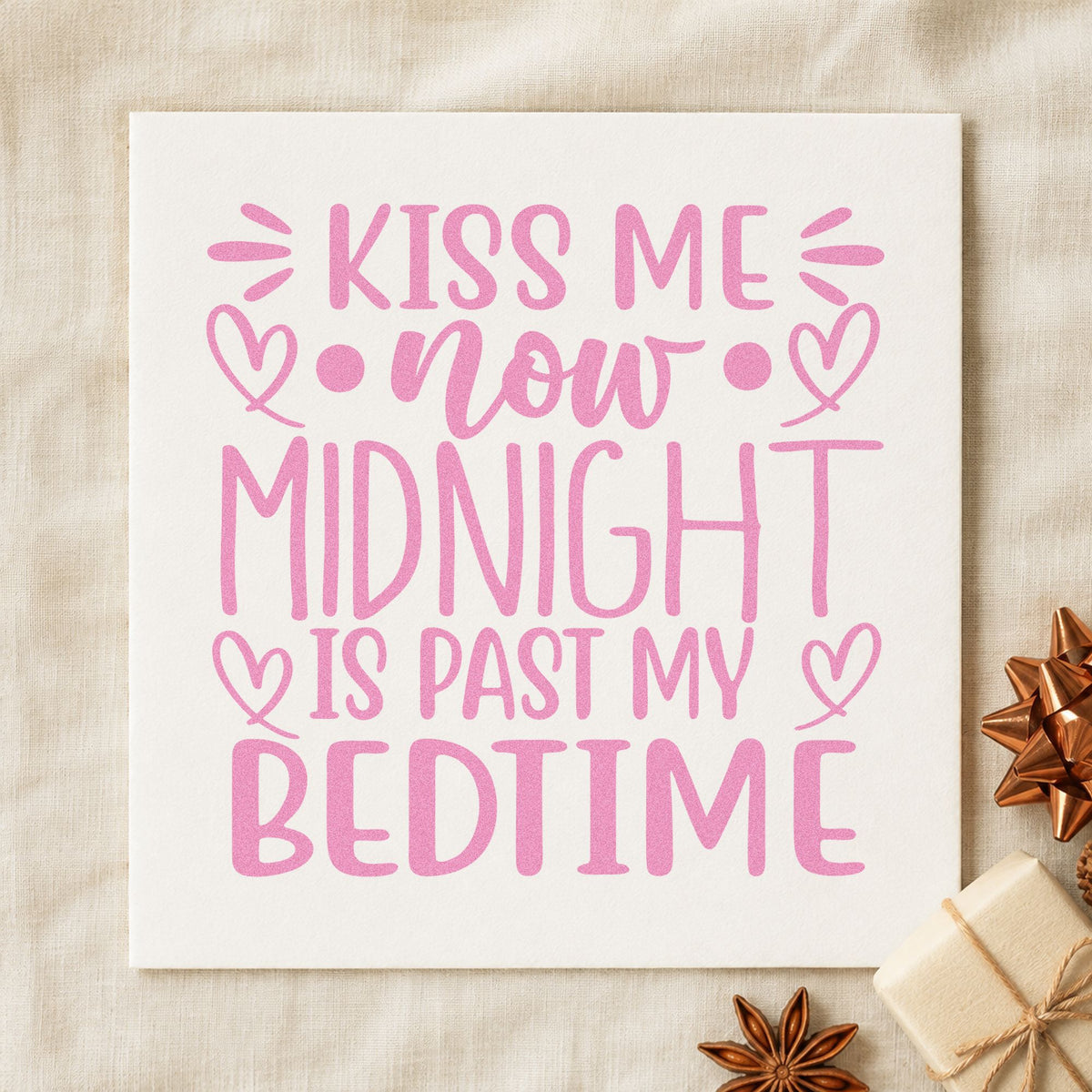 Kiss Me Now Midnight Bedtime craft stamp in purple ink on cardstock, an easy option for early night album.