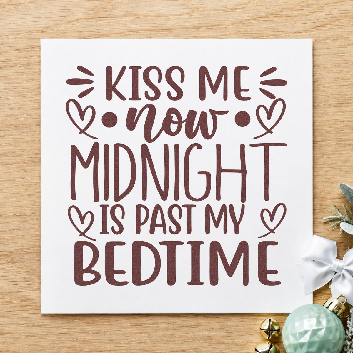Kiss Me Now Midnight Bedtime rubber stamp printed in brown ink, ready for bedtime log sheet and similar paper crafts.