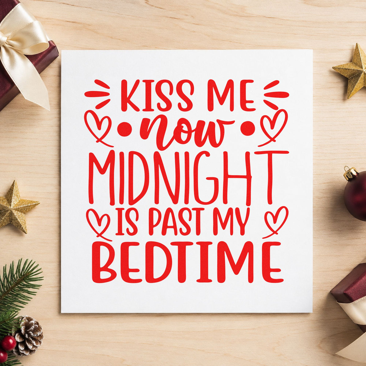 Kiss Me Now Midnight Bedtime craft stamp in red ink on cardstock, an easy option for pillowcase hem ink.