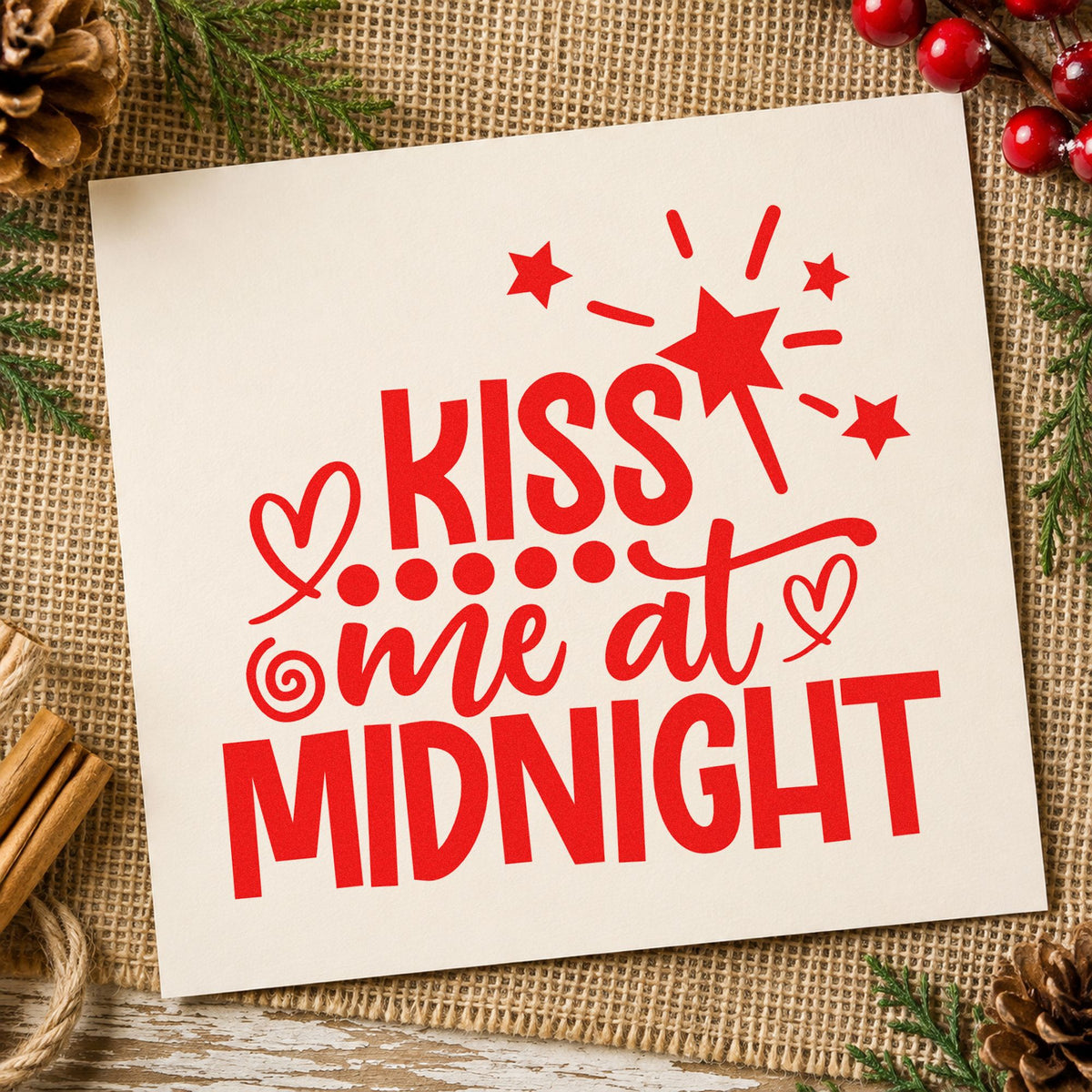 Kiss Me At Midnight craft stamp in red ink on cardstock, an easy option for sash burst printing.