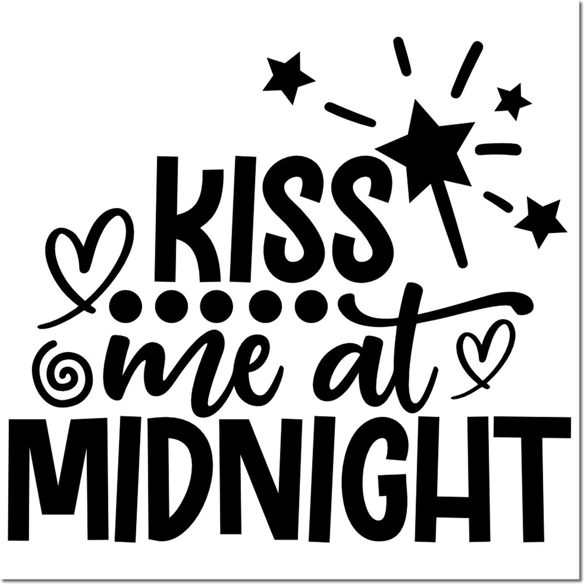 Black KISS me at MIDNIGHT stamp and seal design with stars, hearts, and a magic wand on white background.