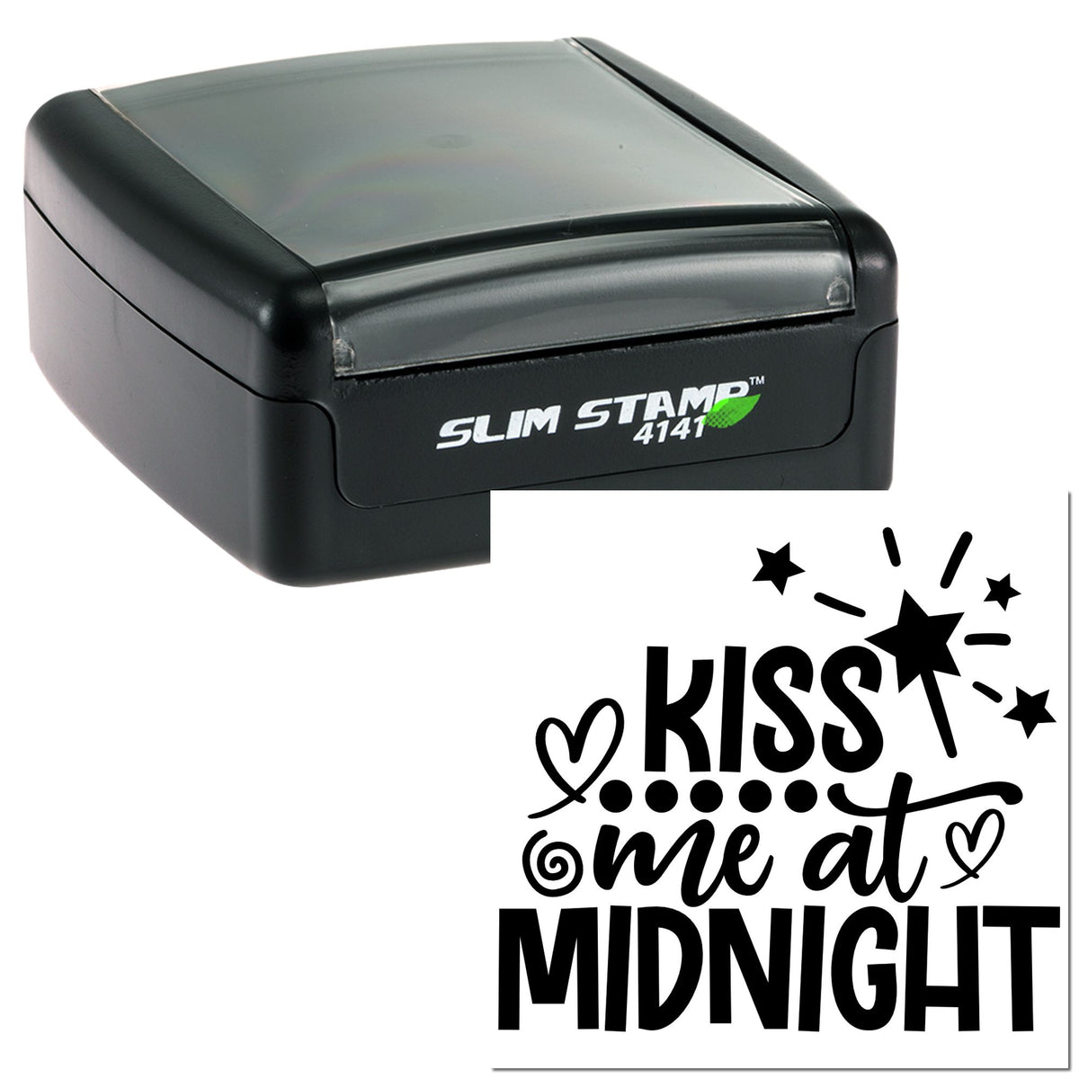 Black self-inking stamp with KISS me at MIDNIGHT seal design, stars, and hearts on a white background.