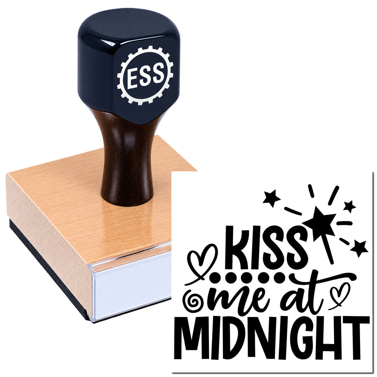 Dark blue ESS custom stamp on pink seal block, with black "KISS me at MIDNIGHT" imprint and star accents.