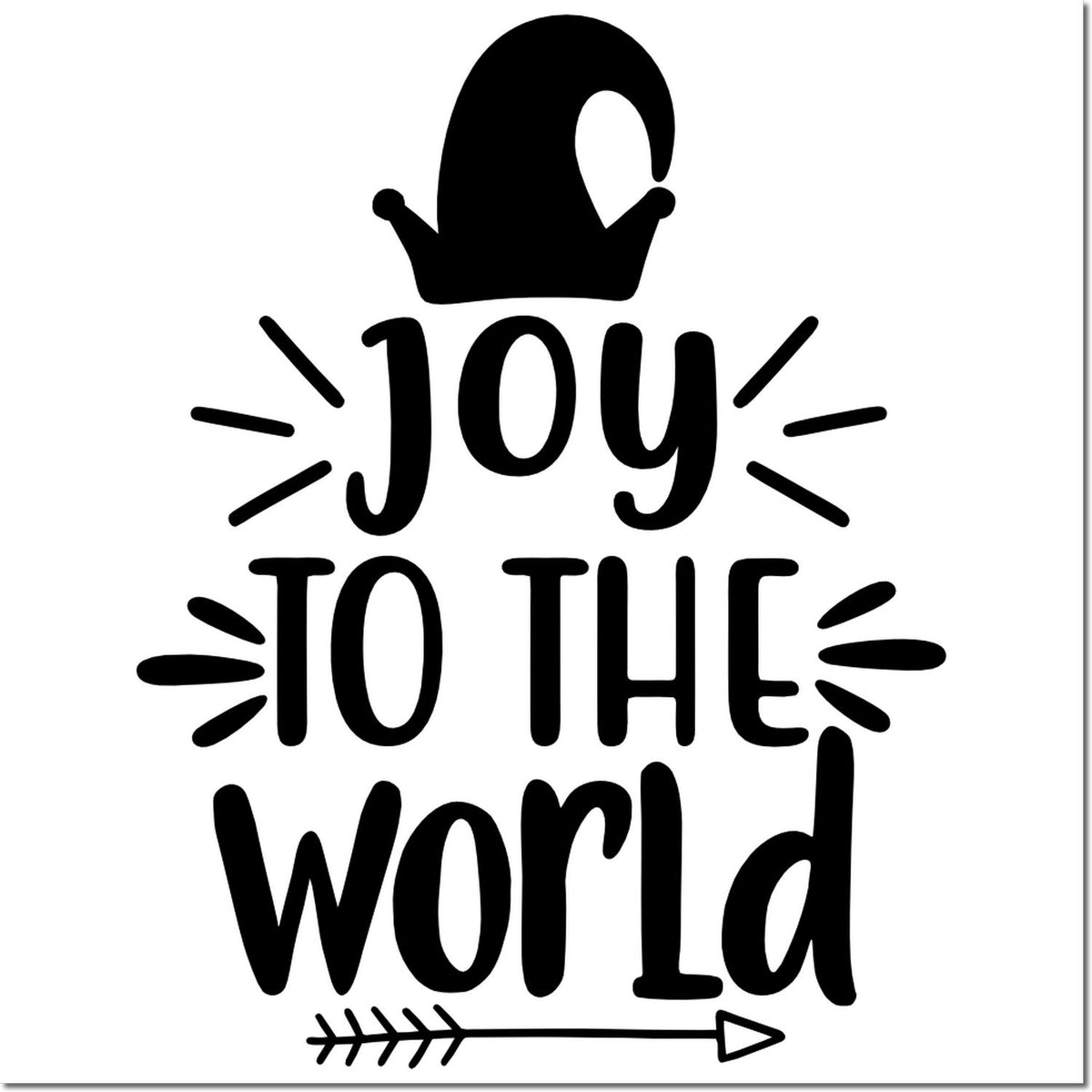 Black Joy to the World holiday stamp and seal with Santa hat, decorative rays, and arrow on a white background.