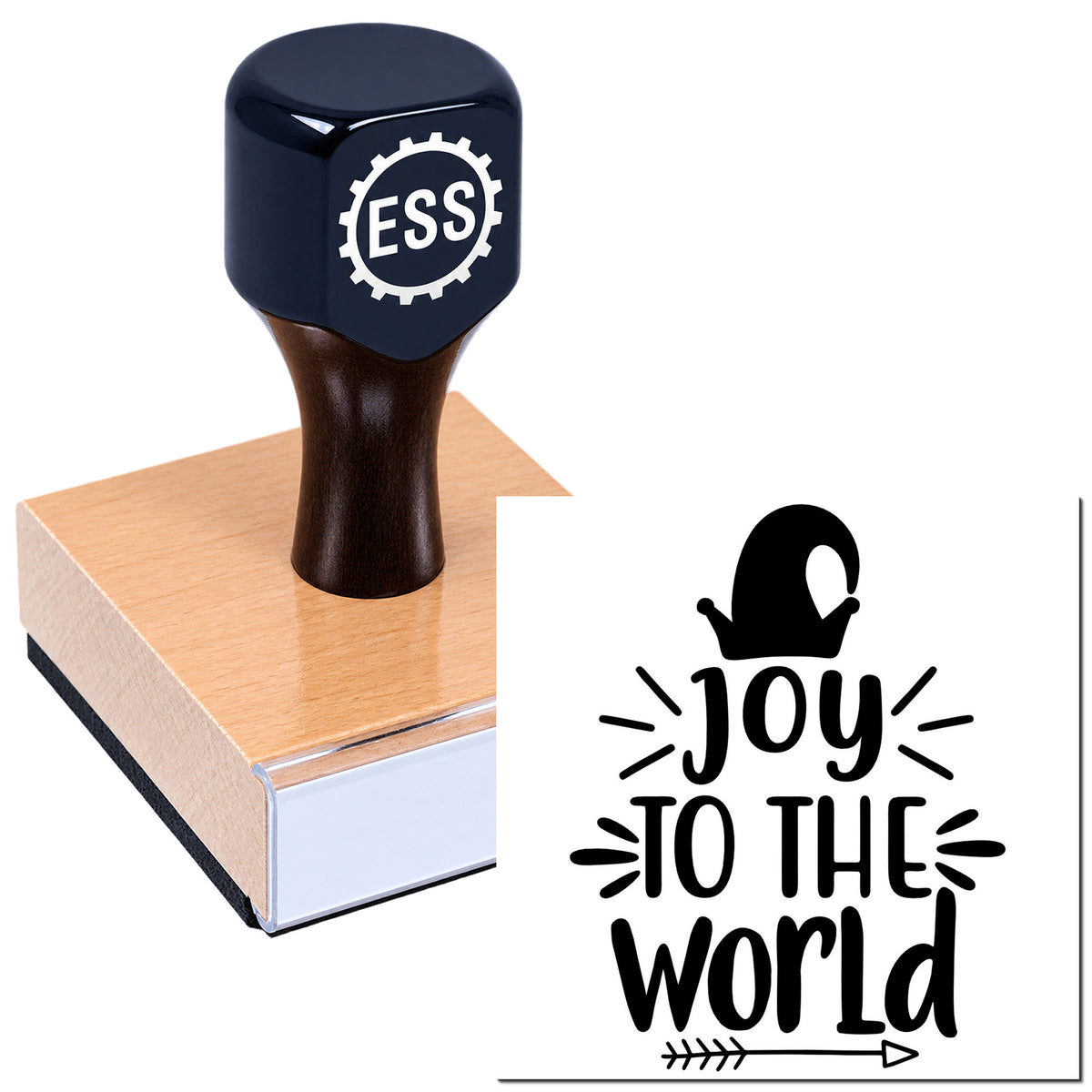 Dark navy ESS seal stamp on a wooden block beside a black "Joy to the World" decorative stamp design.