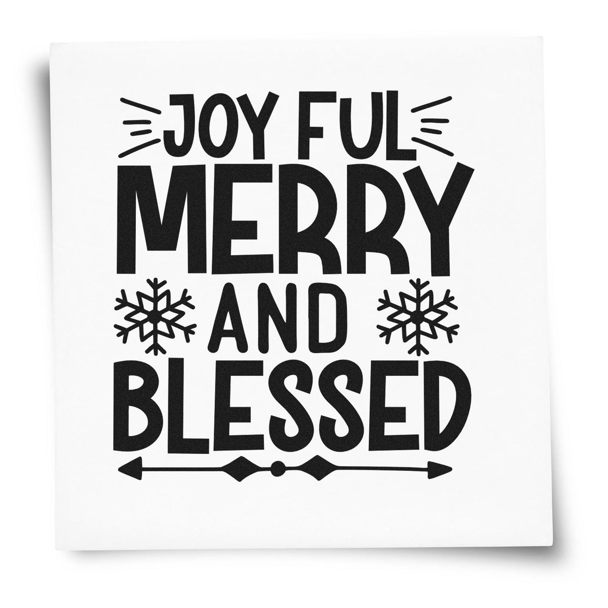 Black festive stamp and seal design reading Joyful Merry and Blessed with snowflakes and decorative arrows on white background.