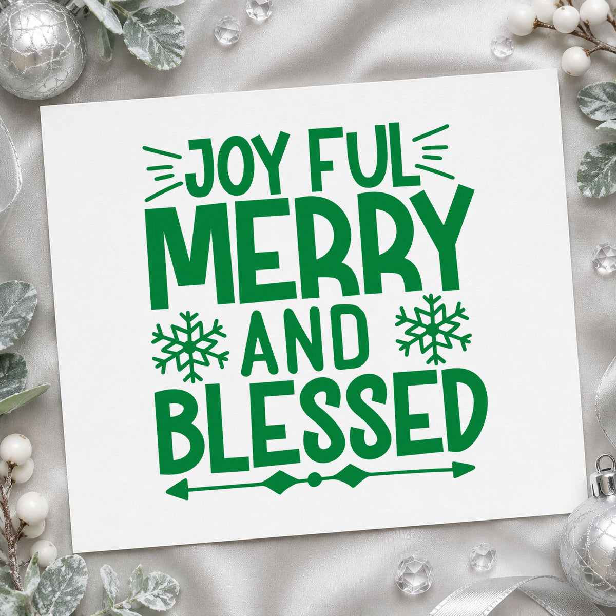 Joyful Merry And Blessed Snowflakes craft stamp imprint in green ink on a handmade project, one idea being split line gift tags.