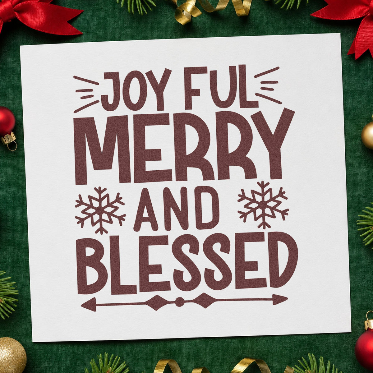 Joyful Merry And Blessed Snowflakes rubber stamp printed in brown ink, ready for section rule sheet and similar paper crafts.