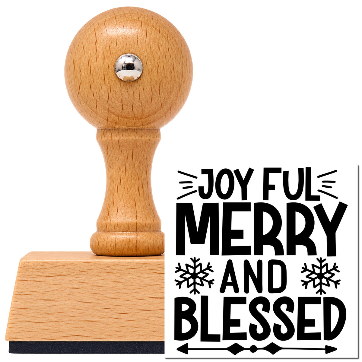 Vintage Pro beech wood stamp with a round knob handle, shown with its black Joyful Merry And Blessed Snowflakes imprint on white.