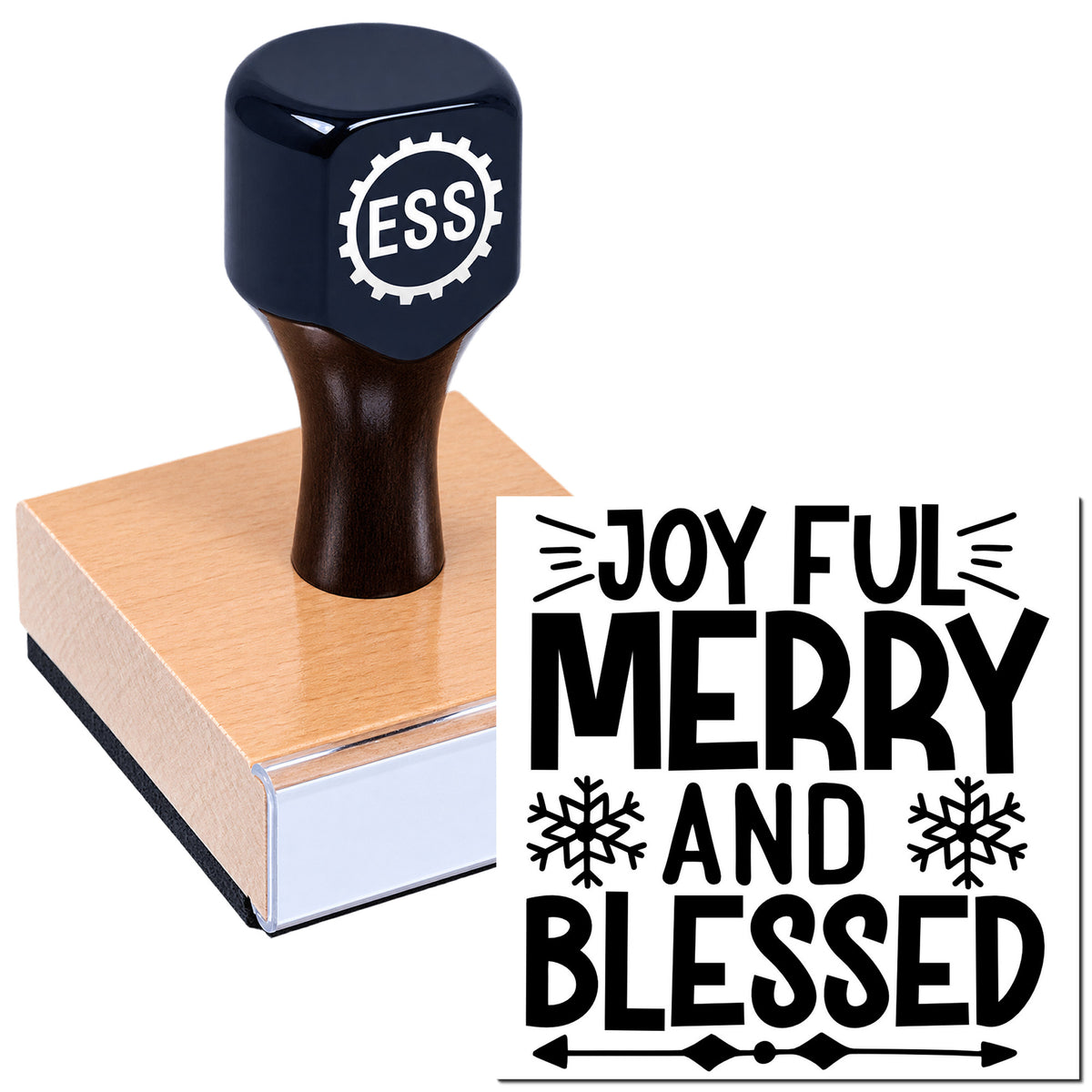 Black ESS rubber stamp on a copper seal block, with bold black holiday text: Joyful Merry and Blessed.