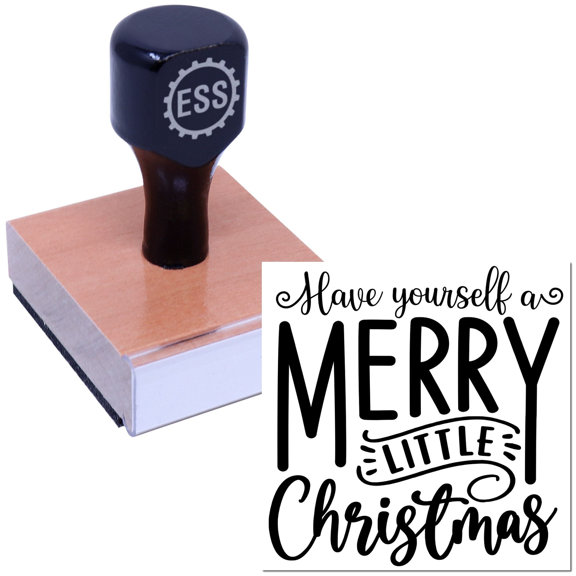Dark navy ESS rubber stamp with wooden base, imprinting black Have Yourself a Merry Little Christmas lettering.