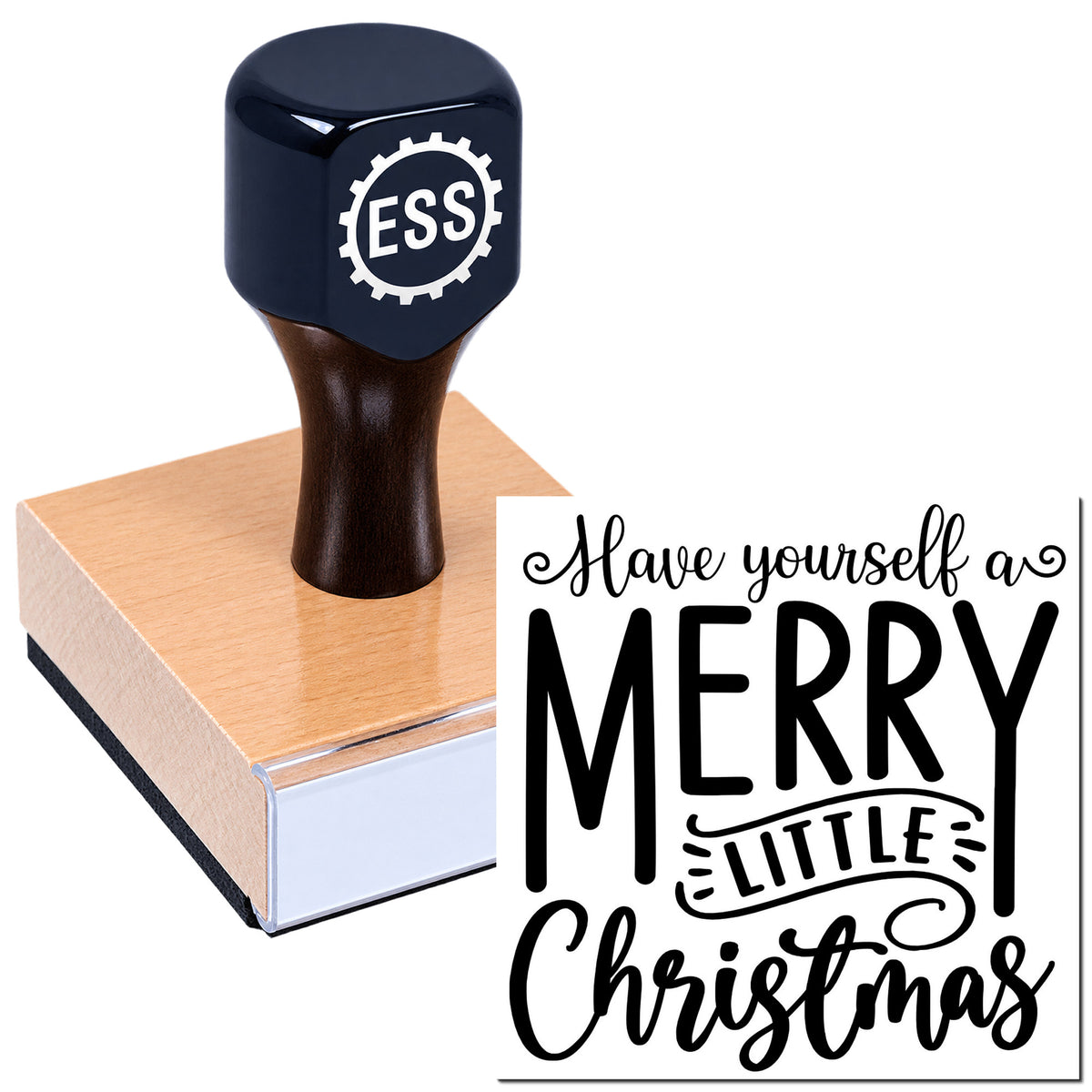 Dark navy ESS rubber stamp with wooden base, imprinting black "Have Yourself a Merry Little Christmas" lettering.