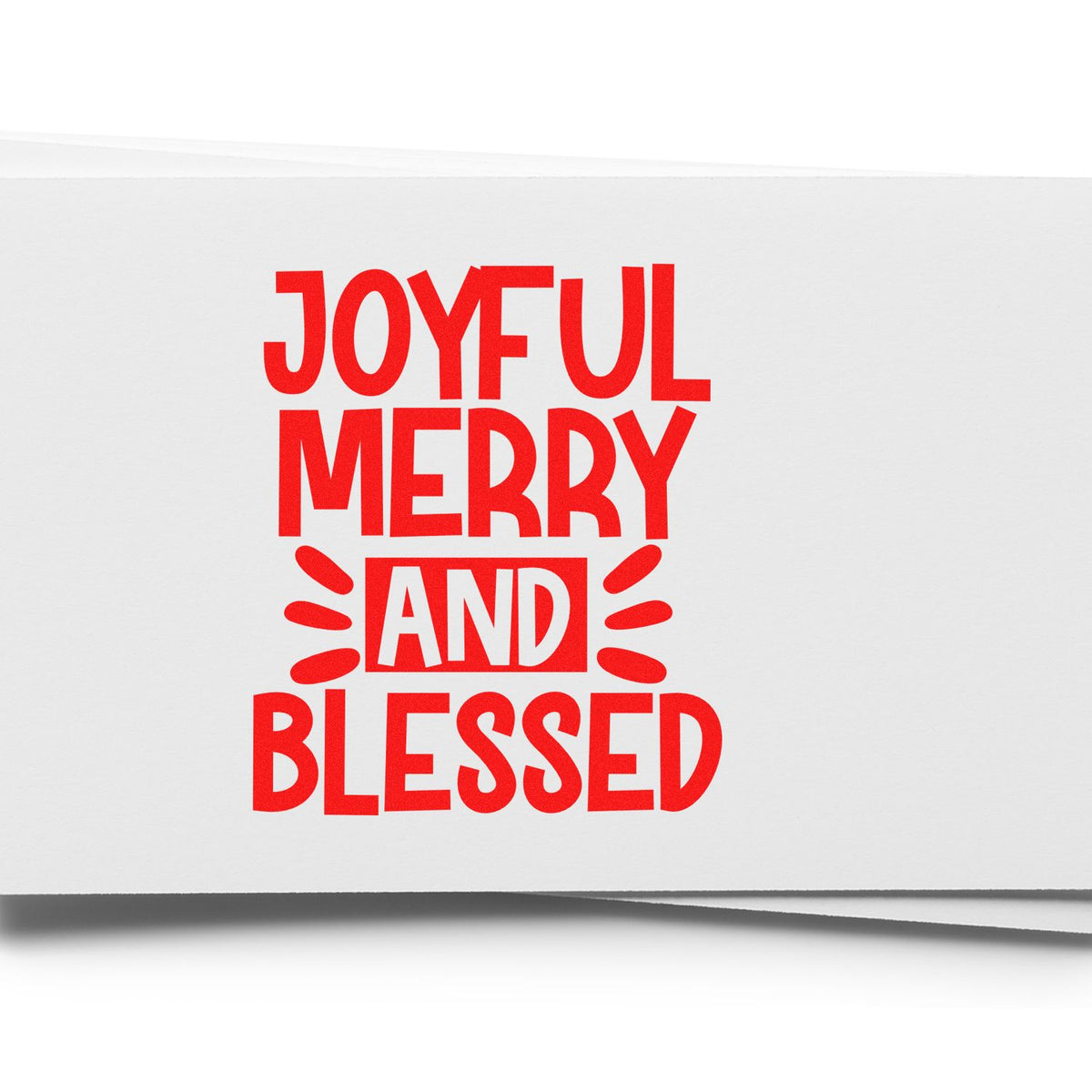 Red joyful merry and blessed holiday stamp/seal on white paper background with bold festive lettering.