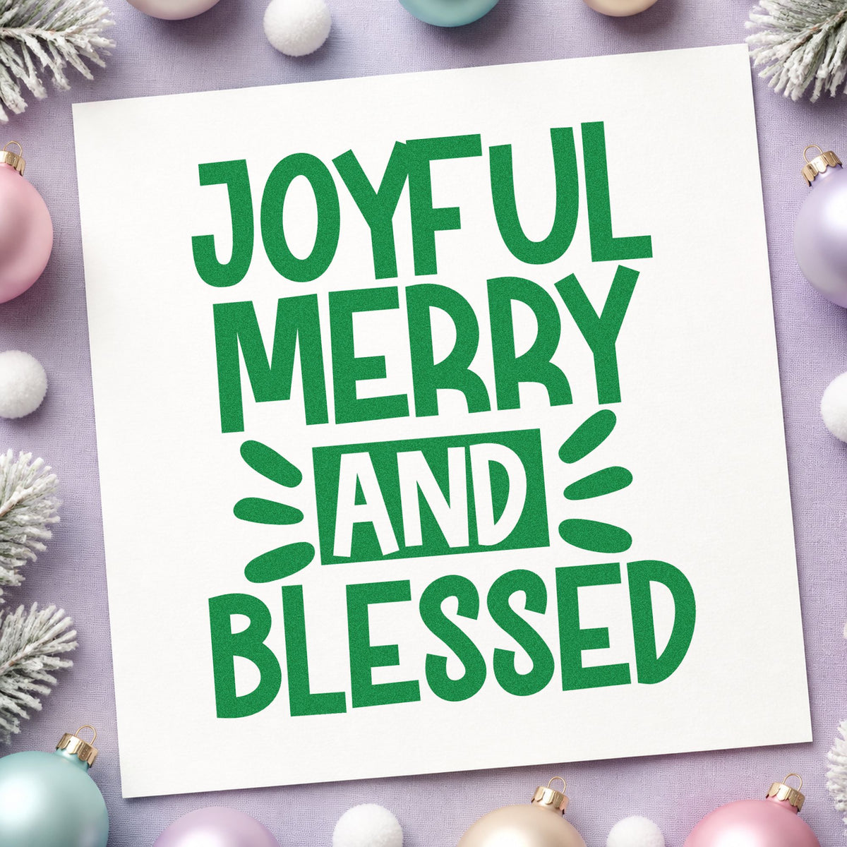 Joyful Merry Blessed Bold craft stamp imprint in green ink on a handmade project, one idea being bold print gift tags.