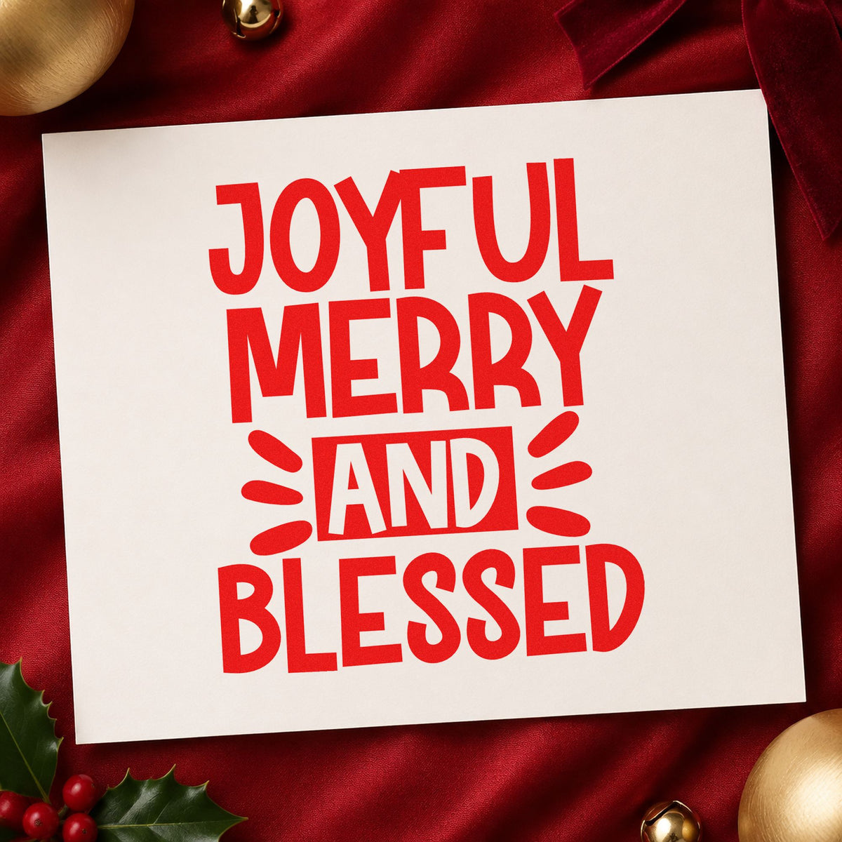 Joyful Merry Blessed Bold rubber stamp shown in red ink, stamped for projects such as crate side labels.