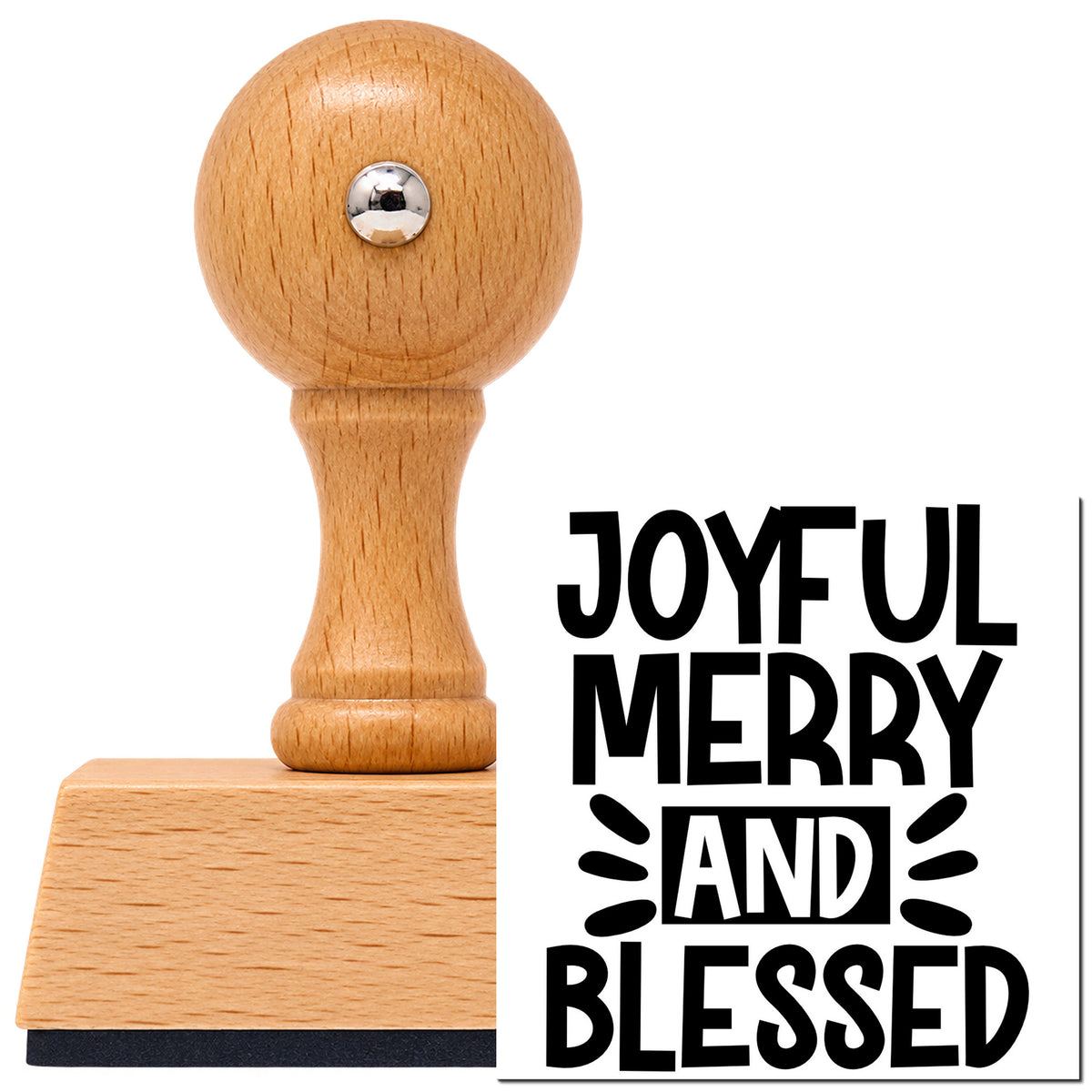 Vintage Pro beech wood stamp with a round knob handle, shown with its black Joyful Merry Blessed Bold imprint on white.
