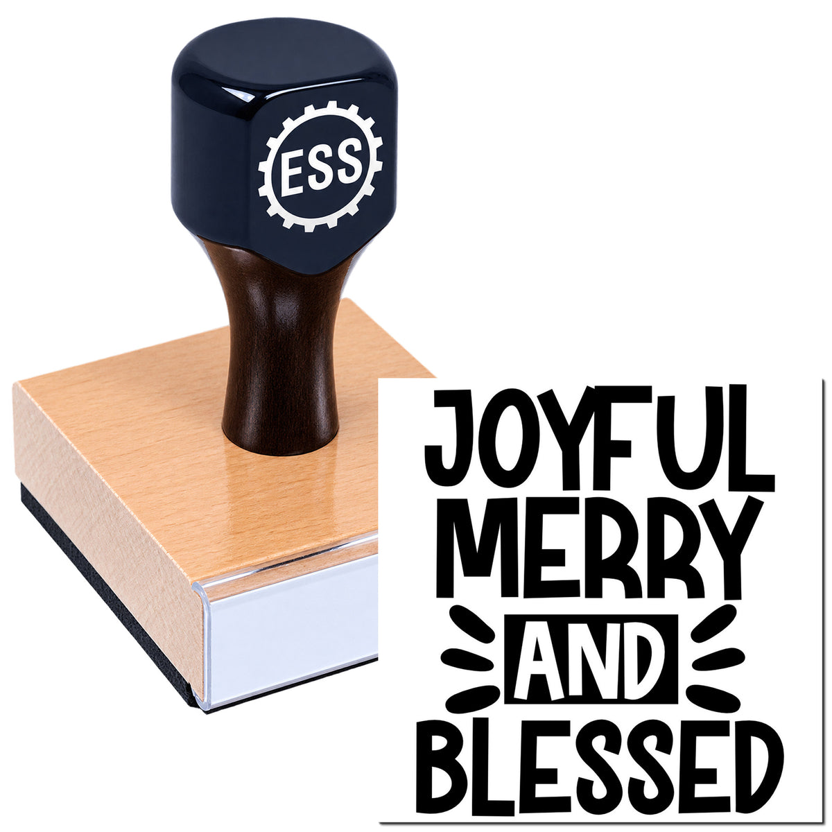 Dark blue ESS rubber stamp and wood-mounted seal with bold black "Joyful Merry and Blessed" design