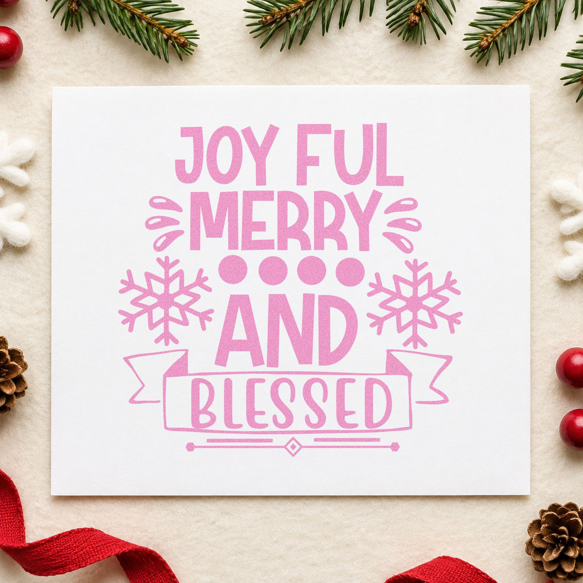 Joyful Merry Blessed Snowflake Banner craft stamp in purple ink on cardstock, an easy option for emphasis album page.