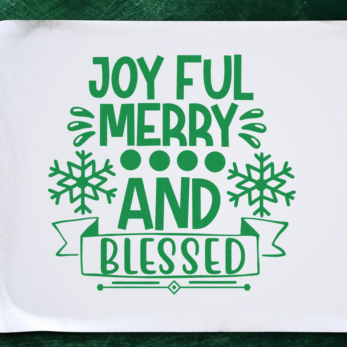 Green Christmas stamp and seal design with Joyful Merry and Blessed text, snowflakes, and ribbon on white background.